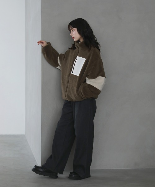 24AW】防風ボア袖ライン切替スタンドネックジャケット