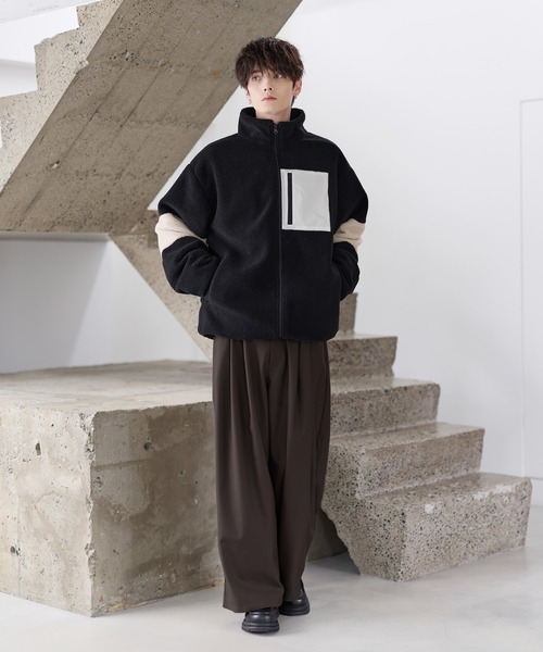 25AW】防風ボア袖ライン切替スタンドネックジャケット(ドローコード