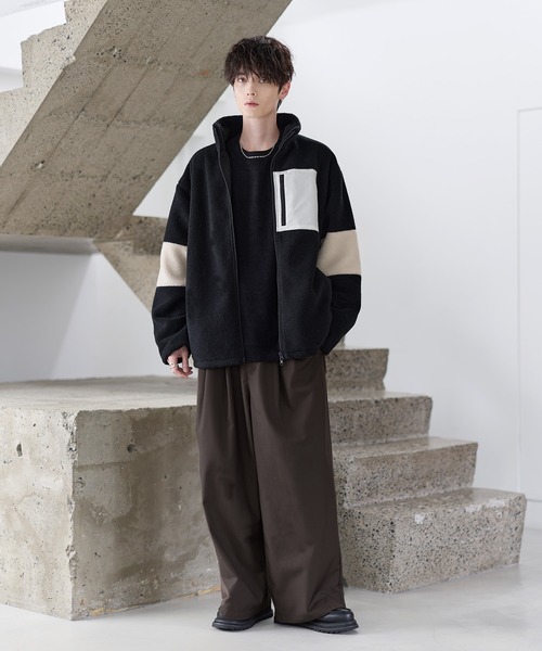 25AW】防風ボア袖ライン切替スタンドネックジャケット(ドローコード