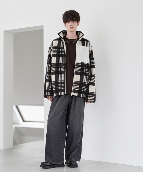 25AW】防風ボア袖ライン切替スタンドネックジャケット(ドローコード