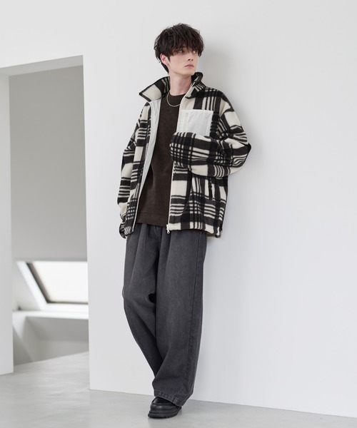 25AW】防風ボア袖ライン切替スタンドネックジャケット(ドローコード