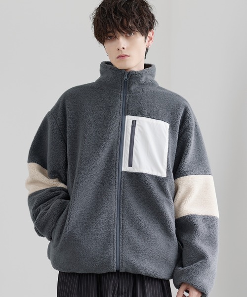 25AW】防風ボア袖ライン切替スタンドネックジャケット(ドローコード