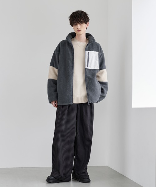 ブルゾン ※akko※様 25AW】防風ボア袖ライン切替スタンドネックジャケット(ドローコード