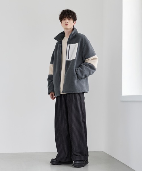 25AW】防風ボア袖ライン切替スタンドネックジャケット(ドローコード