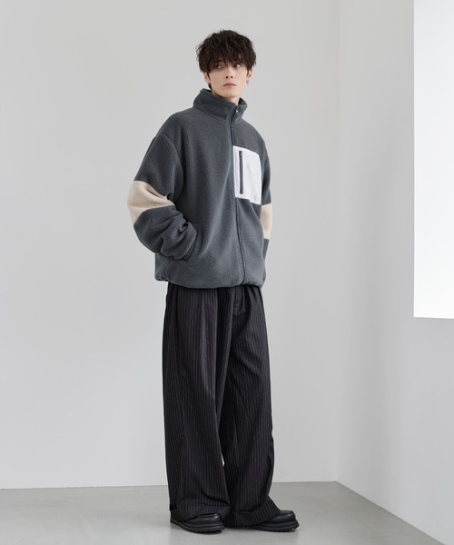 SITRON スタンドネックジャケット 25AW】防風ボア袖ライン切替スタンドネックジャケット(ドローコード