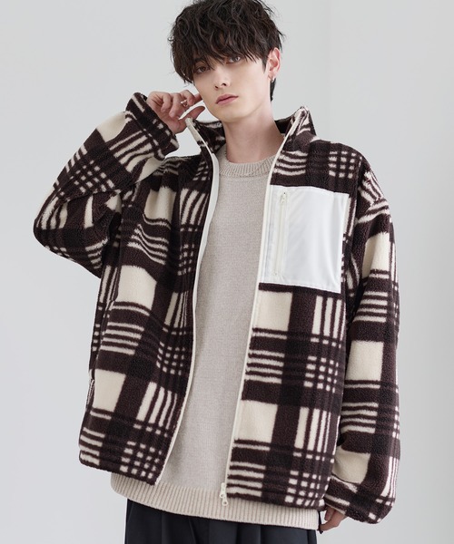 25AW】防風ボア袖ライン切替スタンドネックジャケット(ドローコード