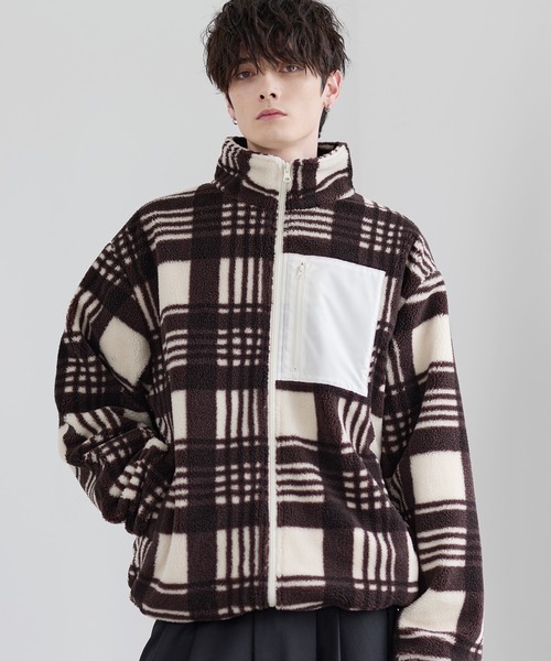 25AW】防風ボア袖ライン切替スタンドネックジャケット(ドローコード