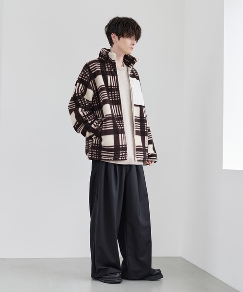 25AW】防風ボア袖ライン切替スタンドネックジャケット(ドローコード