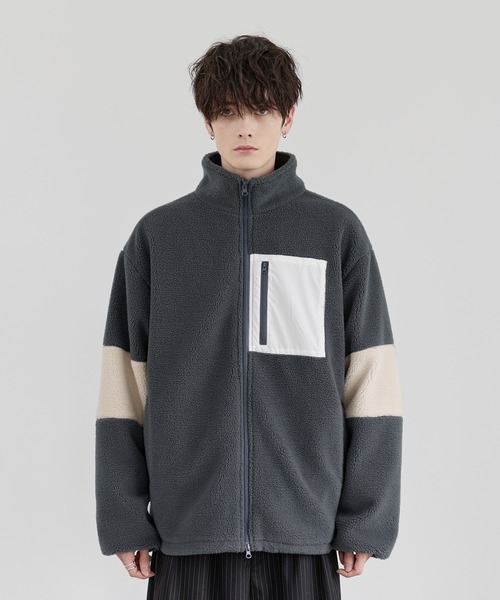 25AW】防風ボア袖ライン切替スタンドネックジャケット(ドローコード