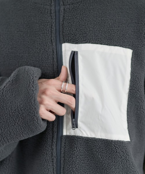 LOHEN ボトルネック レイヤードブルゾン　ホワイト 25AW】防風ボア袖ライン切替スタンドネックジャケット(ドローコード