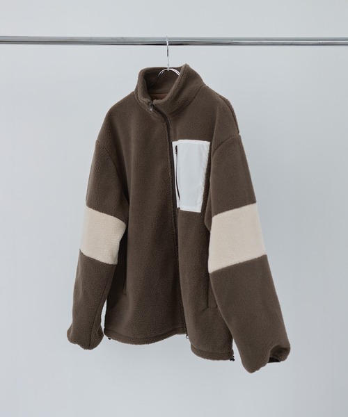 美品❤️ラインストーン❤️Black&White ボアフリースジャケット ブルゾン 25AW】防風ボア袖ライン切替スタンドネックジャケット(ドローコード