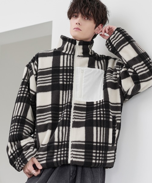 25AW】防風ボア袖ライン切替スタンドネックジャケット(ドローコード
