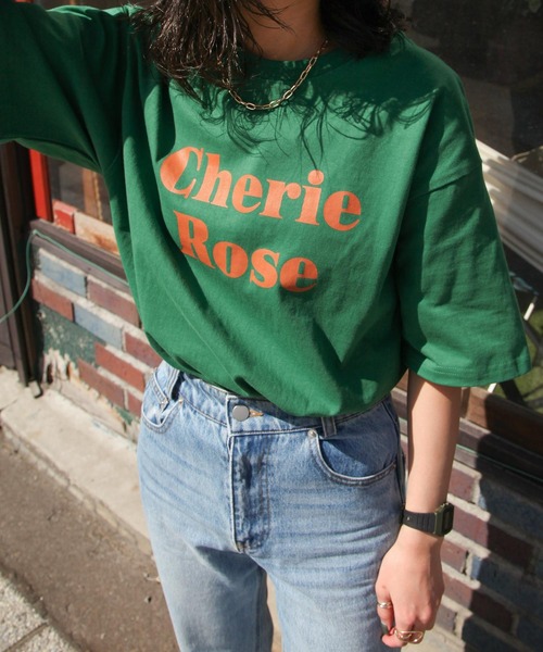 Chillfar（チルファー）の「アソートロゴTシャツ/コットン100％（Tシャツ/カットソー・レディース・ピンク/ホワイト×グリーン/ホワイト×ブルー/ホワイト×ブラック/ホワイト系/アイボリー系/アイボリー系1/アイボリー系2/ブルー/グリーン/オートミール/チャコール/ホワイト×レッド/クリーム/パープル/ネイビー/ブラウン/グリーン系/グリーン系1・FREE）」の13枚目の写真