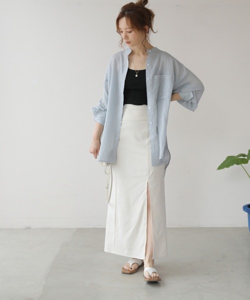 frames RAY CASSIN（フレームスレイカズン）の「WEB限定 シアーストライプバンドカラーオーバーシャツ（シャツ/ブラウス・レディース・ブラック/サックスブルー/ベージュ/パープル・FREE）」の19枚目の写真