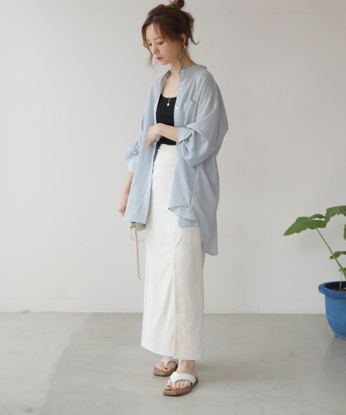 frames RAY CASSIN（フレームスレイカズン）の「WEB限定 シアーストライプバンドカラーオーバーシャツ（シャツ/ブラウス・レディース・ブラック/サックスブルー/ベージュ/パープル・FREE）」の20枚目の写真