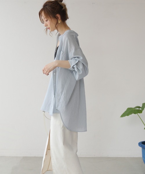 frames RAY CASSIN（フレームスレイカズン）の「WEB限定 シアーストライプバンドカラーオーバーシャツ（シャツ/ブラウス・レディース・ブラック/サックスブルー/ベージュ/パープル・FREE）」の21枚目の写真