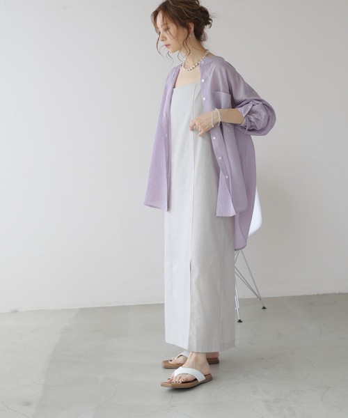 frames RAY CASSIN（フレームスレイカズン）の「WEB限定 シアーストライプバンドカラーオーバーシャツ（シャツ/ブラウス・レディース・ブラック/サックスブルー/ベージュ/パープル・FREE）」の8枚目の写真