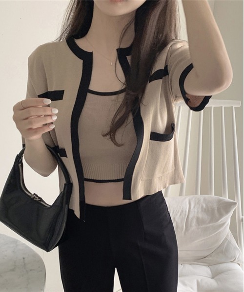 by muni:r（バイ ムニール）の「配色クロップドニットカーディガンセット（カーディガン/ボレロ・レディース・アイボリー/ブラック/ベージュ・FREE）」の3枚目の写真