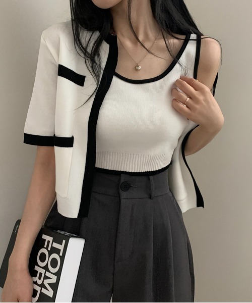 by muni:r（バイ ムニール）の「配色クロップドニットカーディガンセット（カーディガン/ボレロ・レディース・アイボリー/ブラック/ベージュ・FREE）」の2枚目の写真