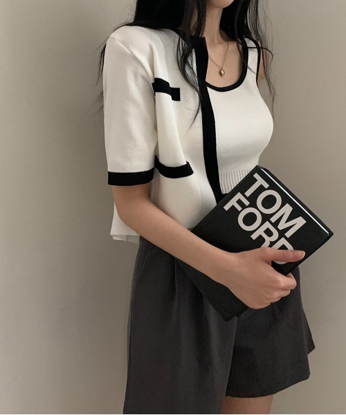 by muni:r（バイ ムニール）の「配色クロップドニットカーディガンセット（カーディガン/ボレロ・レディース・アイボリー/ブラック/ベージュ・FREE）」の14枚目の写真