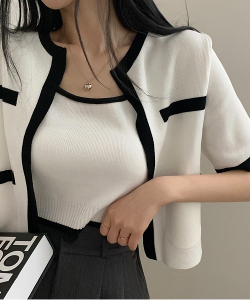 by muni:r（バイ ムニール）の「配色クロップドニットカーディガンセット（カーディガン/ボレロ・レディース・アイボリー/ブラック/ベージュ・FREE）」の8枚目の写真