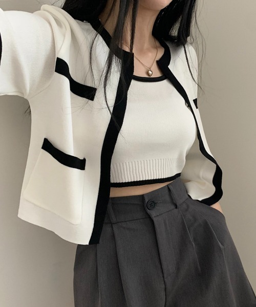 by muni:r（バイ ムニール）の「配色クロップドニットカーディガンセット（カーディガン/ボレロ・レディース・アイボリー/ブラック/ベージュ・FREE）」の6枚目の写真