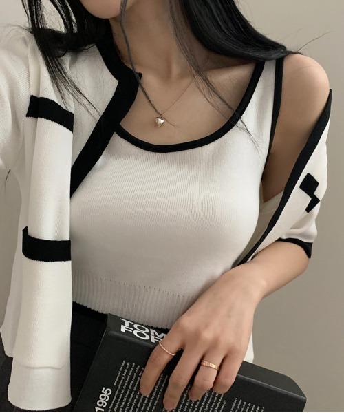 by muni:r（バイ ムニール）の「配色クロップドニットカーディガンセット（カーディガン/ボレロ・レディース・アイボリー/ブラック/ベージュ・FREE）」の4枚目の写真