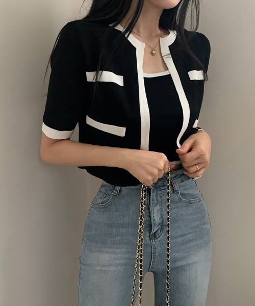 by muni:r（バイ ムニール）の「配色クロップドニットカーディガンセット（カーディガン/ボレロ・レディース・アイボリー/ブラック/ベージュ・FREE）」の17枚目の写真