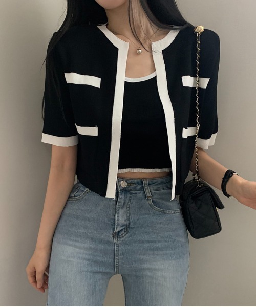 by muni:r（バイ ムニール）の「配色クロップドニットカーディガンセット（カーディガン/ボレロ・レディース・アイボリー/ブラック/ベージュ・FREE）」の15枚目の写真