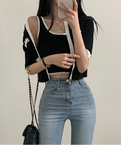 by muni:r（バイ ムニール）の「配色クロップドニットカーディガンセット（カーディガン/ボレロ・レディース・アイボリー/ブラック/ベージュ・FREE）」の9枚目の写真