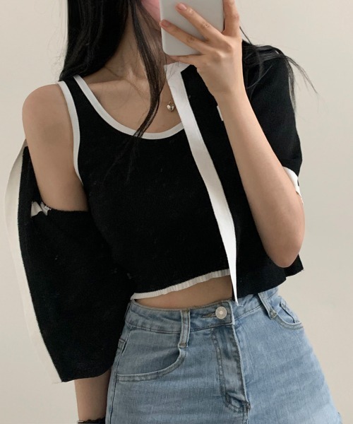 by muni:r（バイ ムニール）の「配色クロップドニットカーディガンセット（カーディガン/ボレロ・レディース・アイボリー/ブラック/ベージュ・FREE）」の7枚目の写真