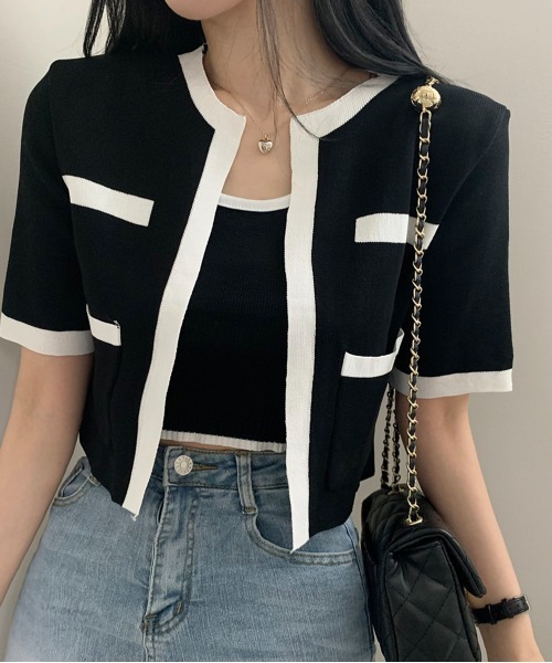 by muni:r（バイ ムニール）の「配色クロップドニットカーディガンセット（カーディガン/ボレロ・レディース・アイボリー/ブラック/ベージュ・FREE）」の18枚目の写真