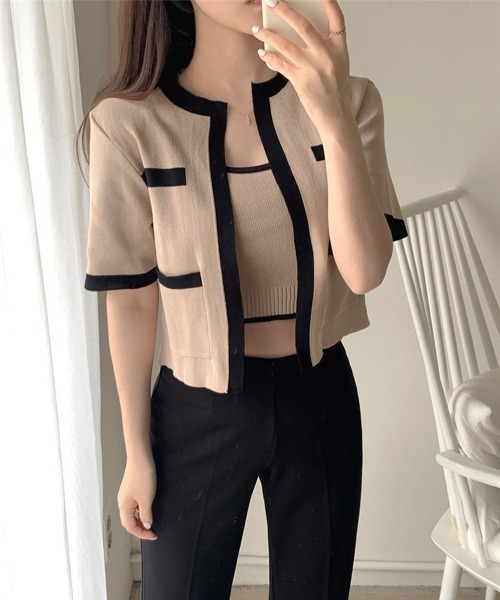 by muni:r（バイ ムニール）の「配色クロップドニットカーディガンセット（カーディガン/ボレロ・レディース・アイボリー/ブラック/ベージュ・FREE）」の22枚目の写真