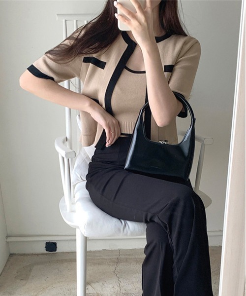 by muni:r（バイ ムニール）の「配色クロップドニットカーディガンセット（カーディガン/ボレロ・レディース・アイボリー/ブラック/ベージュ・FREE）」の21枚目の写真