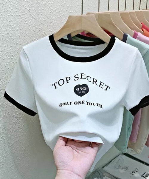 Auntie Rosa(アンティローザ)の「リブカラーチビTシャツ(Tシャツ/カットソー・レディース・ホワイト/ピンク・FREE)」の1枚目の写真