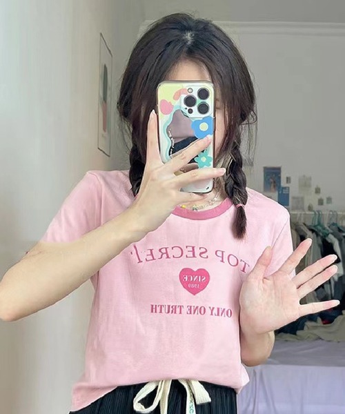 Auntie Rosa(アンティローザ)の「リブカラーチビTシャツ(Tシャツ/カットソー・レディース・ホワイト/ピンク・FREE)」の2枚目の写真