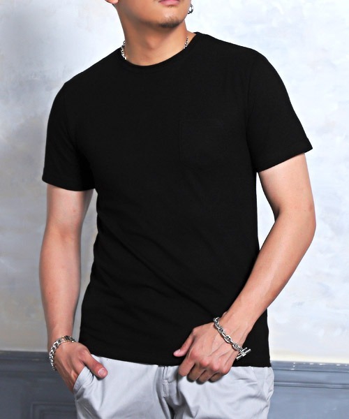 LUXSTYLE(ラグスタイル)の「無地ポケット付きクルーネック半袖Tシャツ(Tシャツ/カットソー・メンズ・ホワイト/ブラック/ネイビー/グレー/カーキ/イエロー系その他/ピンク系その他/ライトピンク・L/XL/M)」の3枚目の写真