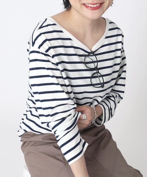 B.C STOCK（ベーセーストック）の「クルーネック ボーダーロンT（Tシャツ/カットソー・レディース・ブラック/パープル/ネイビー・FREE）」の3枚目の写真