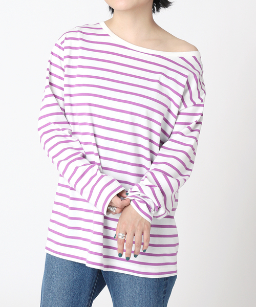 B.C STOCK（ベーセーストック）の「クルーネック ボーダーロンT（Tシャツ/カットソー・レディース・ブラック/パープル/ネイビー・FREE）」の10枚目の写真