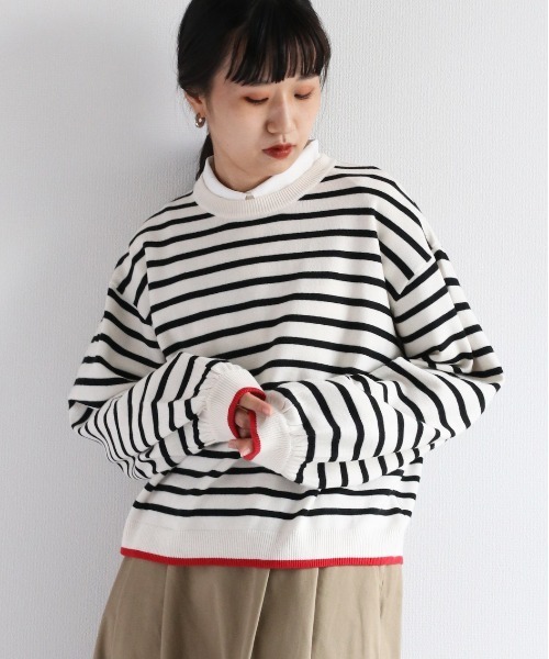 e.r.g*（イーアールジー）の「プレーンボーダーニット（ニット/セーター・レディース・オフホワイト/グリーン/ブラウン/イエロー・M）」の2枚目の写真