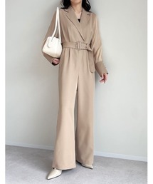 [低身長/大きいサイズ有]ベルト付きシアーボリュームスリーブオールインワン