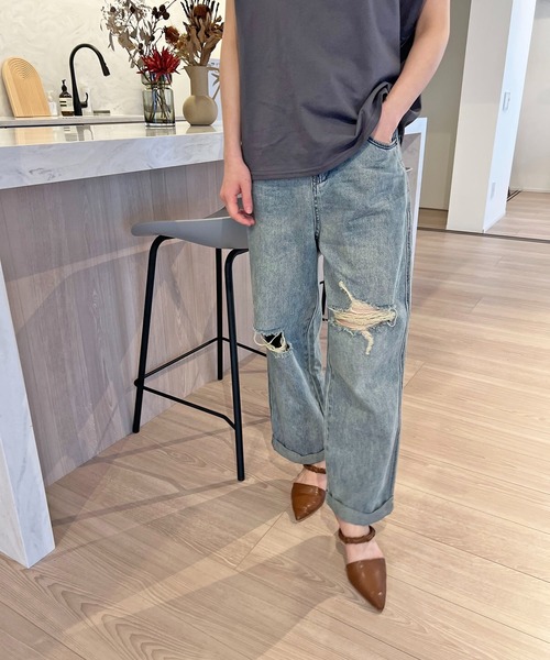 Jewelobe(ジュエローブ)の「ワイドクロップドダメージデニムパンツ(デニムパンツ・レディース・ブルー・S/M)」の15枚目の写真