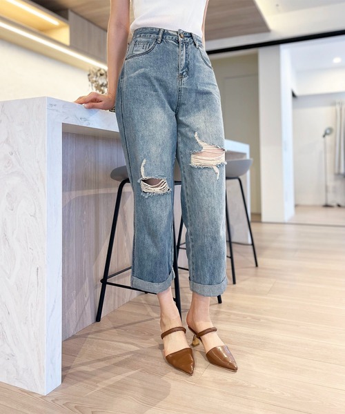 Jewelobe(ジュエローブ)の「ワイドクロップドダメージデニムパンツ(デニムパンツ・レディース・ブルー・S/M)」の19枚目の写真