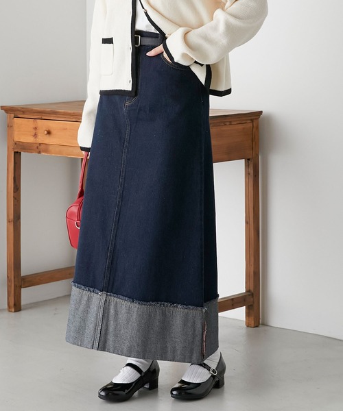 BONLECILL（ボンルシール）の「カラーステッチロールアップハイウエストデニムスカート（デニムスカート・レディース・ネイビー/アイボリー/ブルー/ブラック・FREE）」の14枚目の写真