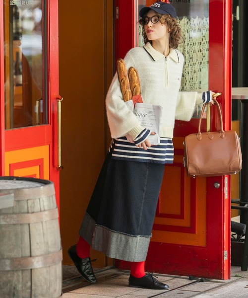 BONLECILL（ボンルシール）の「カラーステッチロールアップハイウエストデニムスカート（デニムスカート・レディース・ネイビー/アイボリー/ブルー/ブラック・FREE）」の6枚目の写真