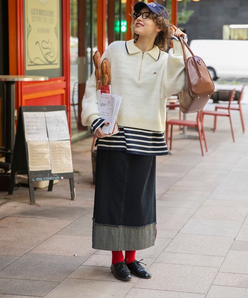 BONLECILL（ボンルシール）の「カラーステッチロールアップハイウエストデニムスカート（デニムスカート・レディース・ネイビー/アイボリー/ブルー/ブラック・FREE）」の7枚目の写真