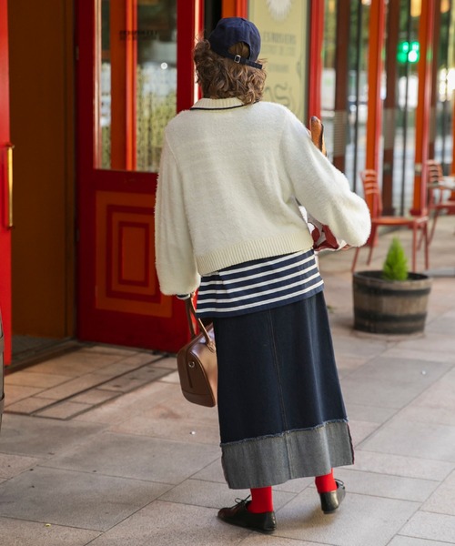 BONLECILL（ボンルシール）の「カラーステッチロールアップハイウエストデニムスカート（デニムスカート・レディース・ネイビー/アイボリー/ブルー/ブラック・FREE）」の11枚目の写真