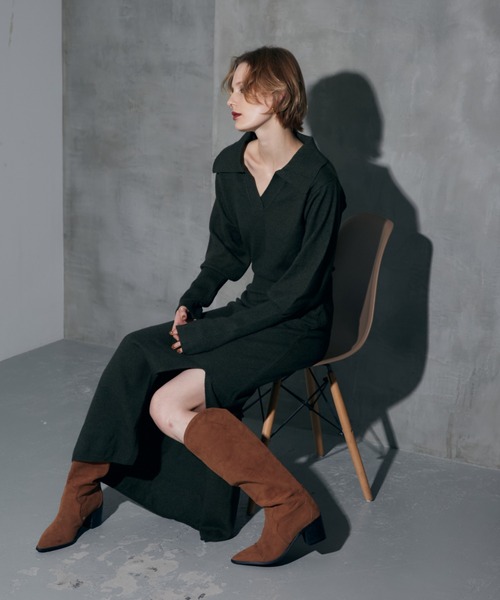 WONEM（ウォンエム）の「オープンカラーブラウジングニットロングワンピース（ワンピース・レディース・カーキ/グレー・FREE）」の3枚目の写真