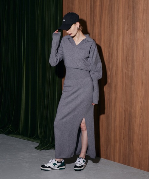 WONEM（ウォンエム）の「オープンカラーブラウジングニットロングワンピース（ワンピース・レディース・カーキ/グレー・FREE）」の9枚目の写真