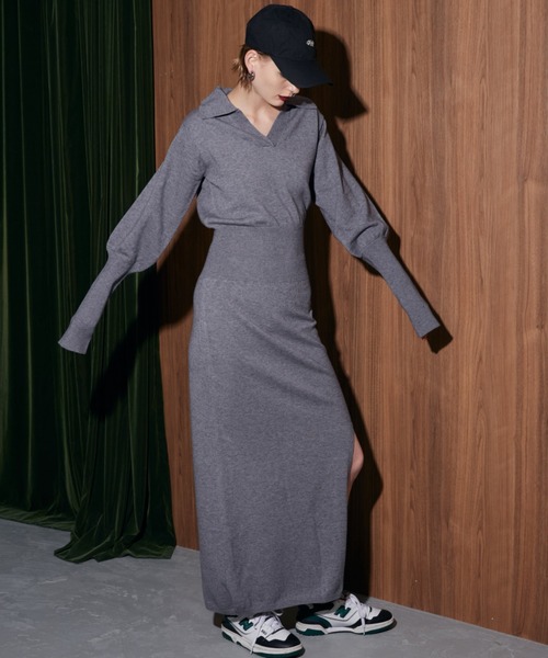 WONEM（ウォンエム）の「オープンカラーブラウジングニットロングワンピース（ワンピース・レディース・カーキ/グレー・FREE）」の12枚目の写真